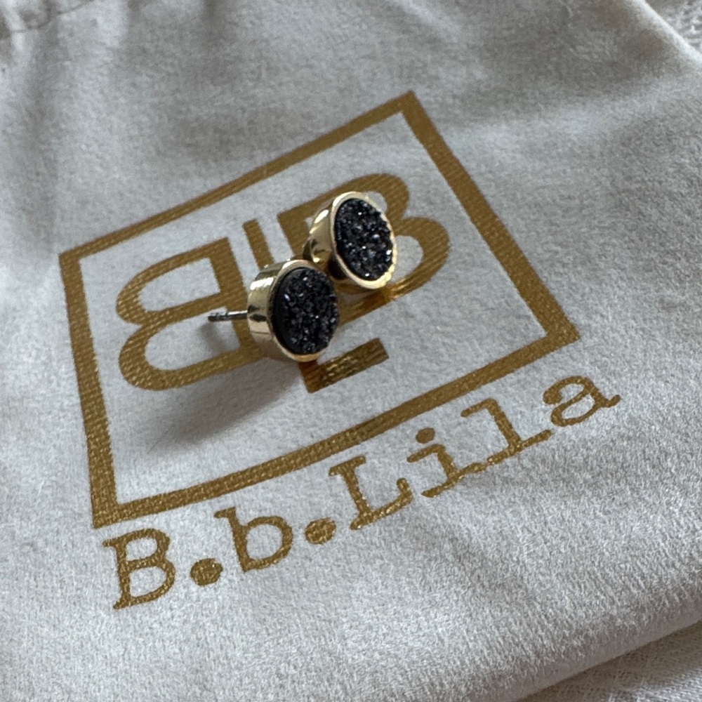 B.b.Lila Gold and Black Druzy Stud Earrings